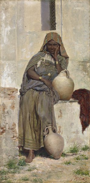 Arabian Woman At A Fountain by E. Augusto Lovatti Oil Painting