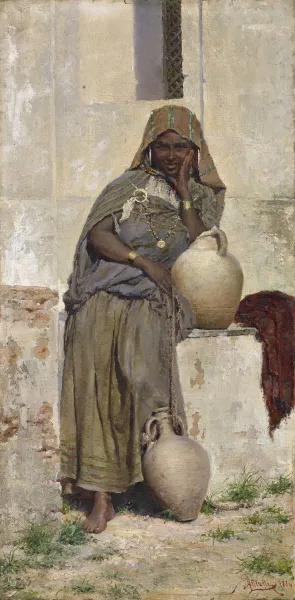 Arabian Woman At A Fountain by E. Augusto Lovatti Oil Painting