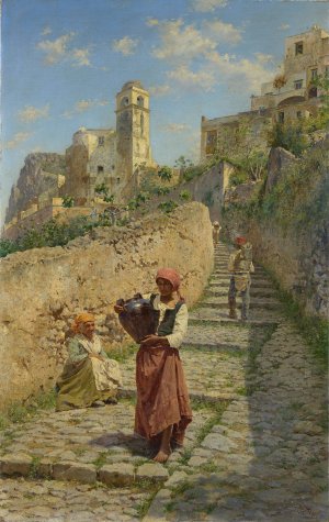 Street On Capri by E. Augusto Lovatti Oil Painting