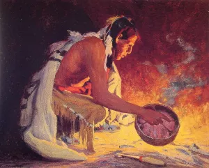 Indian by Firelight by E. Irving Couse - Oil Painting Reproduction