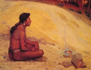 Indian Seated by a Campfire by E. Irving Couse Oil Painting