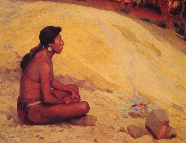 Main Product Photo of Indian Seated by a Campfire Painting by E. Irving Couse