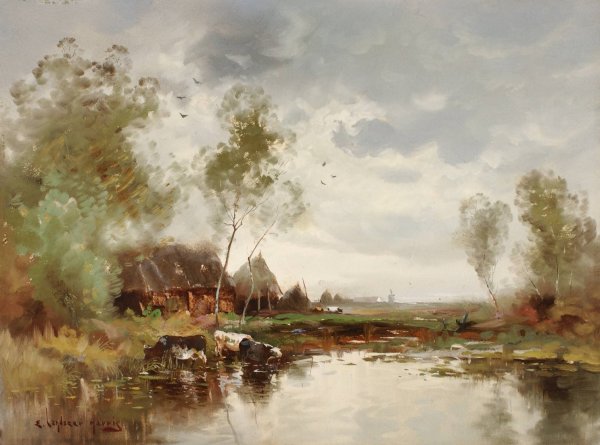 Landscape with Windmill by E. Landseer Harris - Hand-Painted Oil Painting Reproduction