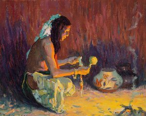 Indian Brave Kneeling Before the Firelight by Eanger Irving Couse Oil Painting
