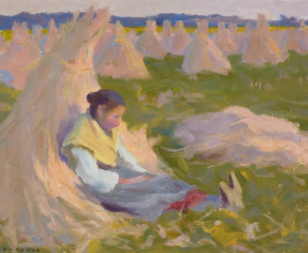 Main Product Photo of Peasant Girl Seated on Shocks of Grain Painting by Eanger Irving Couse