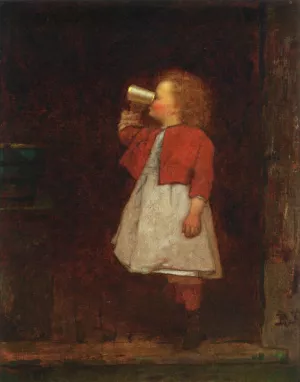 Little Girl with Red Jacket Drinking from Mug painting by Eastman Johnson