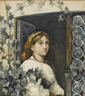 Peasant Girl in Window by Eastman Johnson Oil Painting
