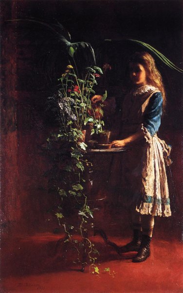 Watering Flowers by Eastman Johnson - Hand-Painted Oil Painting Reproduction
