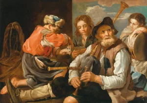 Young Men Playing Cards And A Bagpipe Player; Allegory Of Hearing And Sight Oil painting by Eberhard Keil (Follower)