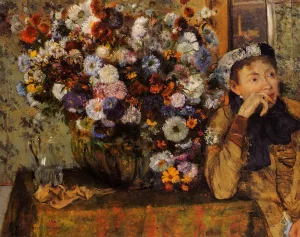 A Woman Seated Beside a Vase of Flowers also known as Sardela by Edgar Degas Oil Painting