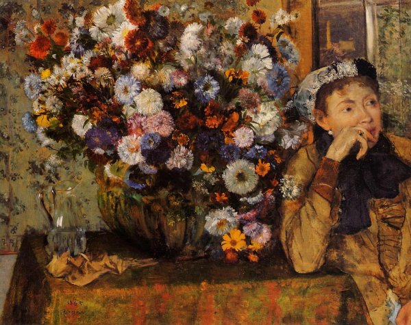 Main Product Photo of A Woman Seated Beside a Vase of Flowers also known as Sardela Painting by Edgar Degas