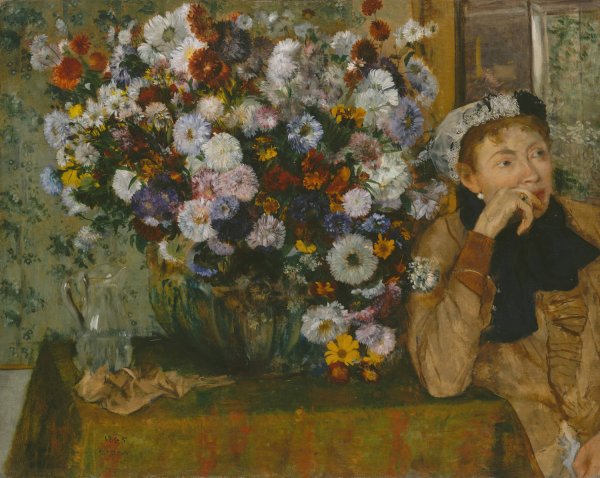 A Woman Seated beside a Vase of Flowers  by Edgar Degas - Hand-Painted Oil Painting Reproduction