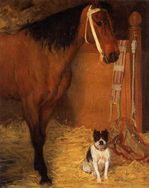 Main Product Photo of At the Stables, Horse and Dog Painting by Edgar Degas