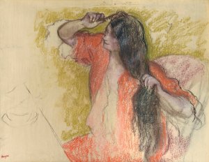 Femme En Peignoir Rouge Se Coiffant by Edgar Degas Oil Painting