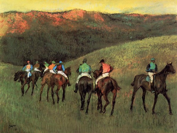 Main Product Photo of Racehorses in a Landscape Painting by Edgar Degas