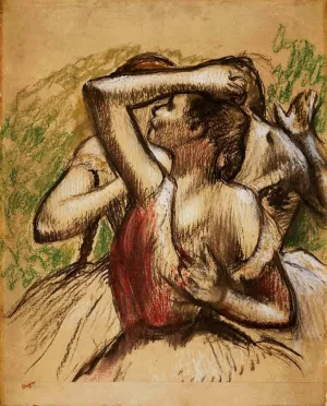 Three Ballet Dancers, One with Dark Crimson Waist painting by Edgar Degas