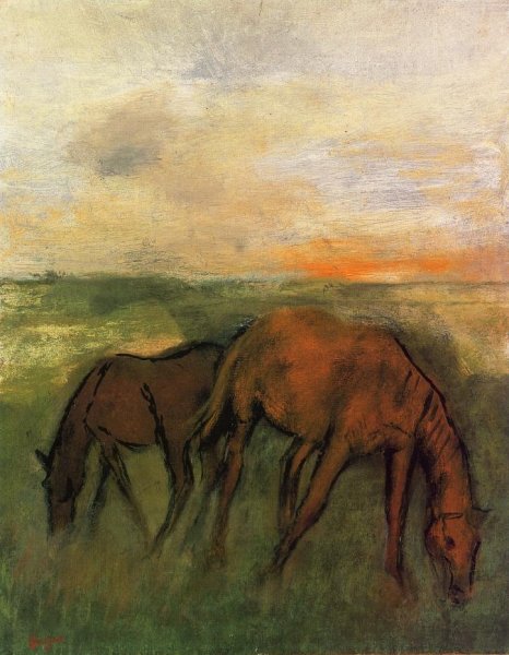 Main Product Photo of Two Horses in a Pasture Painting by Edgar Degas