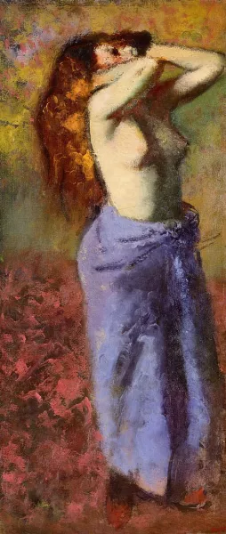 Woman in a Blue Dressing Gown, Torso Exposed painting by Edgar Degas