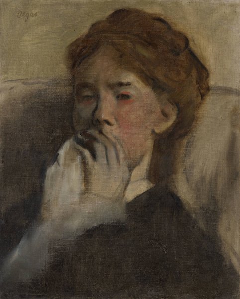 Young Woman with Her Hand over Her Mouth  by Edgar Degas - Hand-Painted Oil Painting Reproduction