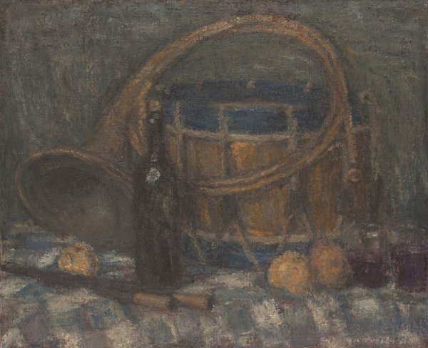 Main Product Photo of Nature morte au cor et au tambour  Painting by Edmond Francois Aman-Jean