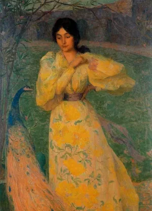 Woman with Peacock also known as Giovane Donna con Pavone Oil painting by Edmond Francois Aman-Jean