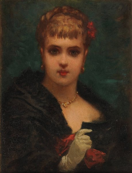 Main Product Photo of Jeune femme tenant un masque Painting by Edmond Hebert