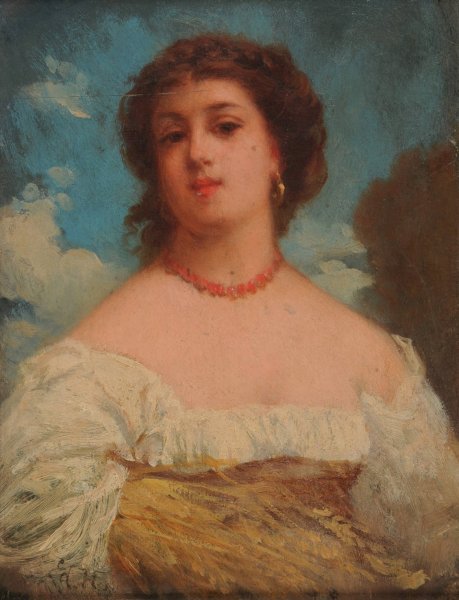 Main Product Photo of Jeune femme tenant une gerbe de ble Painting by Edmond Hebert