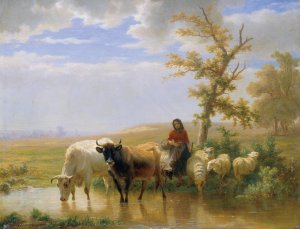Kuhe und Schafe Oil painting by Edmond Jean-Baptiste Tschaggeny