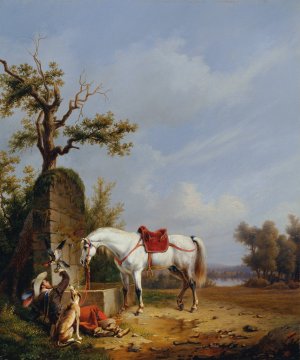 Reiter mit Pferd by Edmond Jean-Baptiste Tschaggeny Oil Painting