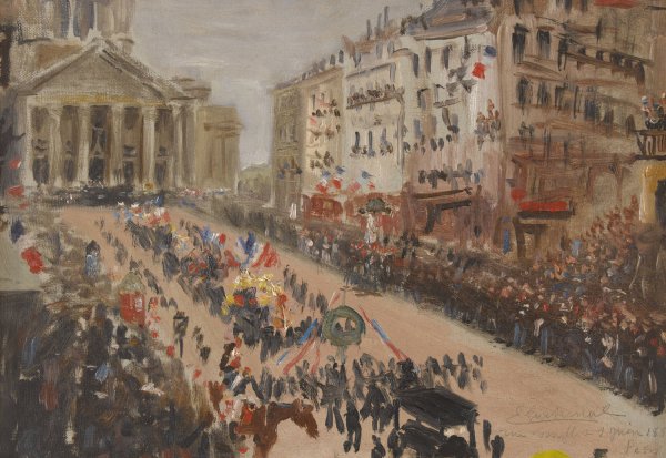 Les funerailles de Victor Hugo, le cortege rue Soufflot  by Edmond Lachenal - Hand-Painted Oil Painting Reproduction