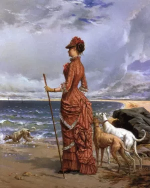 Elegant Lady Walking Her Greyhounds on the Beach by Edmond-Louis Dupain Oil Painting