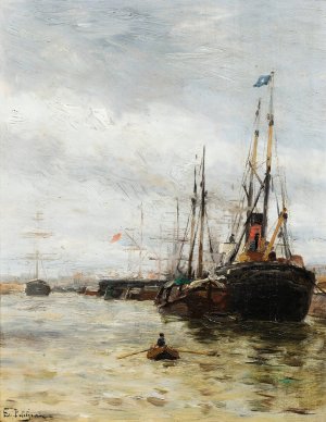 Boats At The Harbor by Edmond-Marie Petitjean Oil Painting