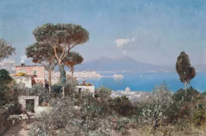 A boy and a donkey on the way to market above the Bay of Naples Oil painting by Edmund Berninger