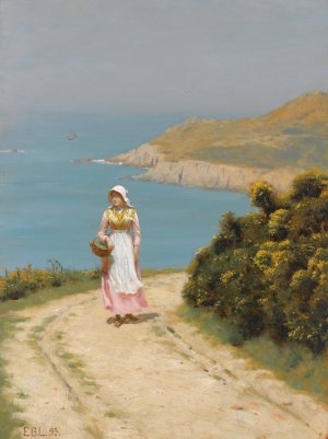 Girl On A Coastal Path by Edmund Blair Leighton Oil Painting