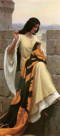 Main Product Photo of Stitching the Standard Painting by Edmund Blair Leighton