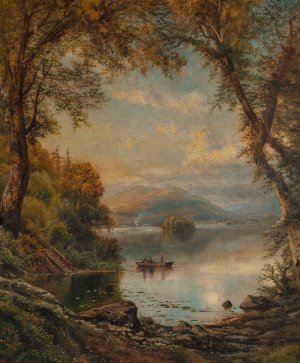 Lake Landscape with Fishermen by Edmund Darch Lewis Oil Painting
