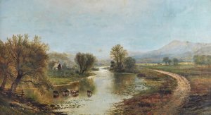 Panoramic Landscape with Farms, River, Cows and Mountains by Edmund Darch Lewis Oil Painting