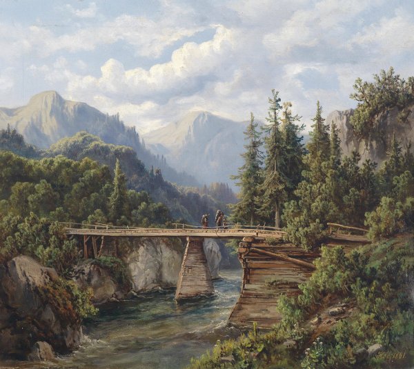 Main Product Photo of Holzbrucke uber einem Gebirgsbach  Painting by Edmund Hod