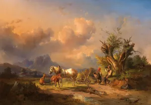 A peasant resting with grazing animals and a foal Oil painting by Edmund Mahlknecht
