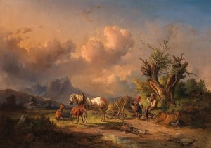 A Peasant Resting with Grazing Animals and a Foal by Edmund Mahlknecht Oil Painting