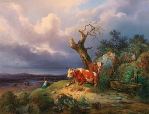 A Shepherdess with Two Cows in a Vast Landscape by Edmund Mahlknecht Oil Painting