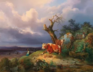 A Shepherdess with Two Cows in a Vast Landscape Oil painting by Edmund Mahlknecht