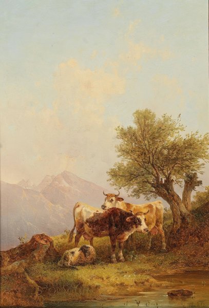 An Alpine Pasture by Edmund Mahlknecht - Hand-Painted Oil Painting Reproduction