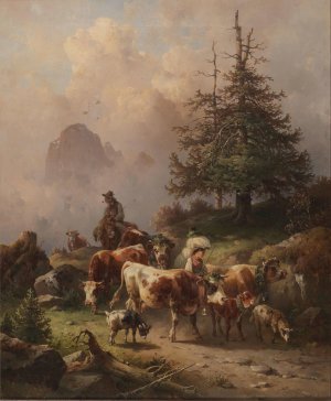 Driving the Cattle down from the Alpine Pastures by Edmund Mahlknecht Oil Painting