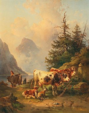 Herd of animals with shepherdess on the lakeside by Edmund Mahlknecht Oil Painting