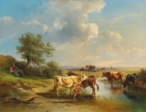 Herdsman with Herd of Cows on the Banks of the Stream by Edmund Mahlknecht Oil Painting