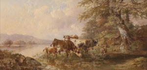 Kuhe am Seeufer by Edmund Mahlknecht Oil Painting