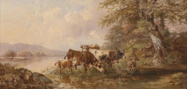 Kuhe am Seeufer by Edmund Mahlknecht - Hand-Painted Oil Painting Reproduction