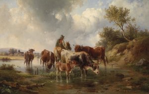 Kuhe mit Hirten an der Furt by Edmund Mahlknecht Oil Painting