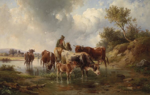 Kuhe mit Hirten an der Furt by Edmund Mahlknecht - Hand-Painted Oil Painting Reproduction